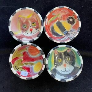 4 Dipping Bowls Hand Painted 3.5”x2”Original Design  2 Cats ,Tulips &Bee